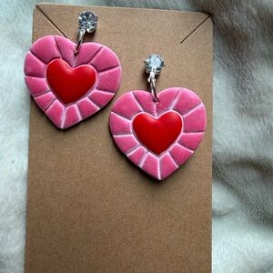 Pink and Red Heart Handmade Polymer Clay Earrings